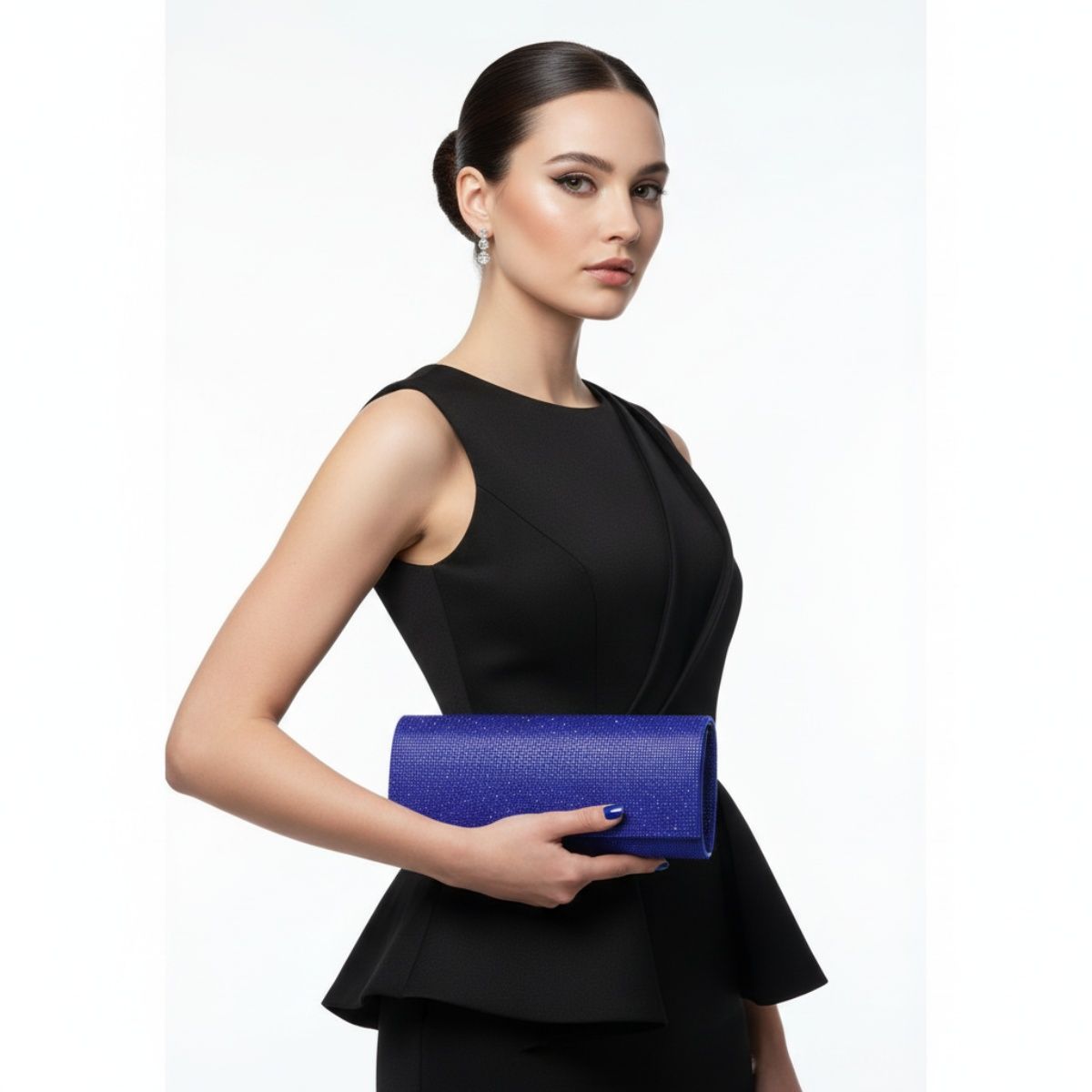 Evening Clutch Bag Blue Rhinestone Flap Stylish Chic XLong