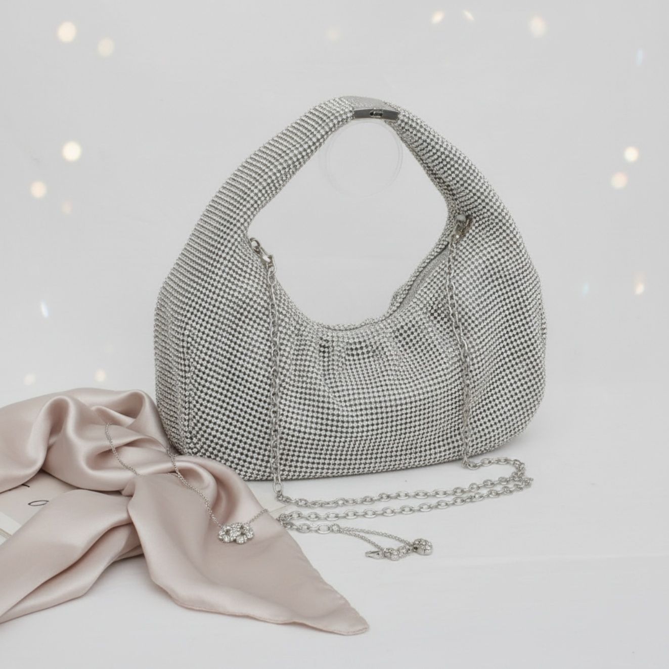 Hobo Bag Clutch with Silver Rhinestone Mesh – Stylish Statement Accessory