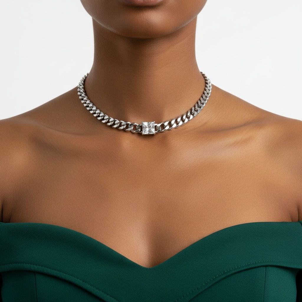 Cuban Chain Necklace Stainless Steel Princess CZ Stylish Statement Jewelry
