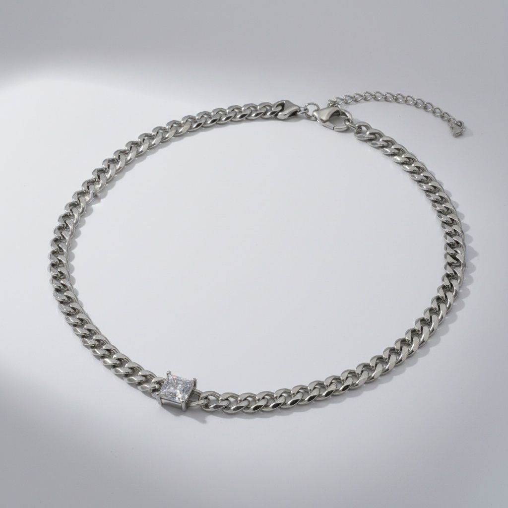 Cuban Chain Necklace Stainless Steel Princess CZ Stylish Statement Jewelry