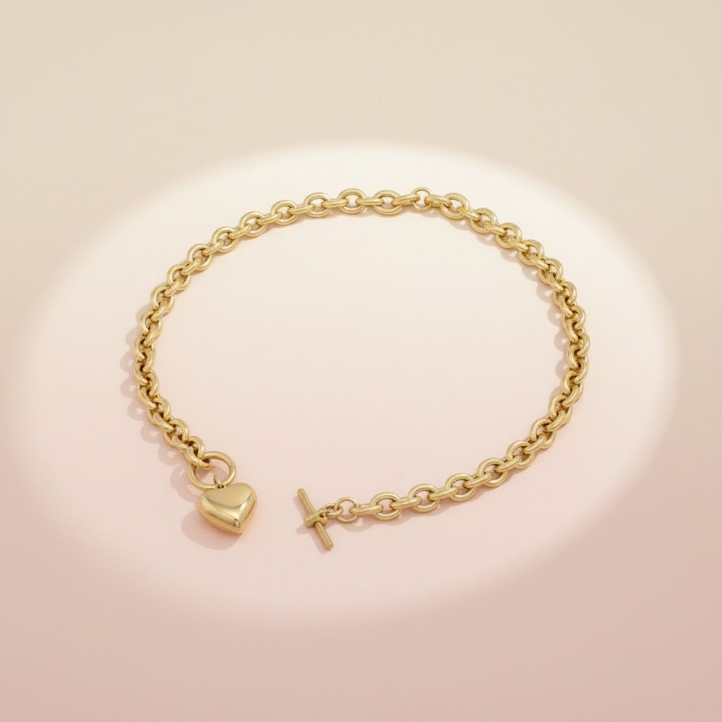 Toggle Heart Rolo Chain Necklace 18K Gold Steel Stylish Statement Jewelry