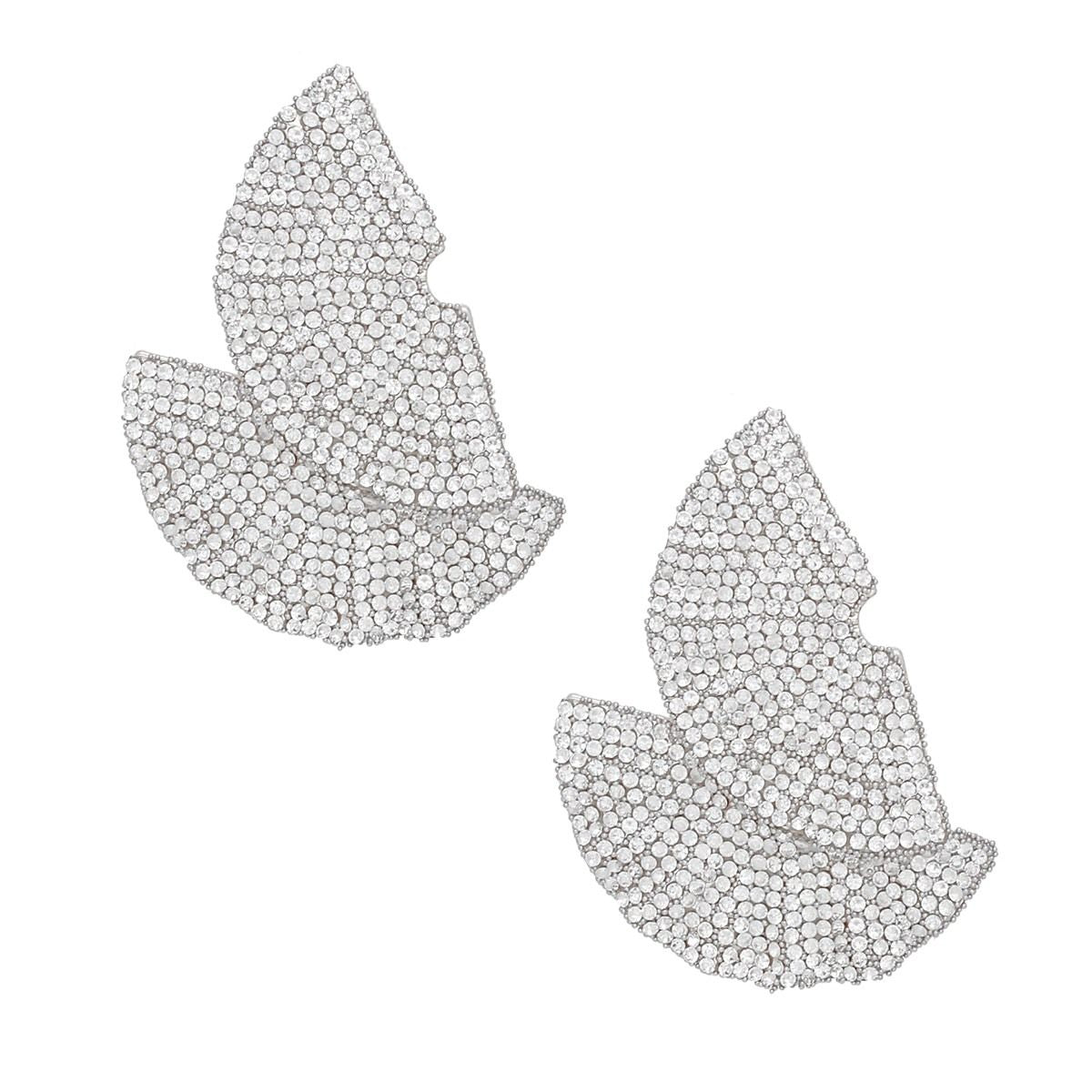 Rhinestone Silver Stud Earrings 1920s Ruffle Fan Statement Jewelry