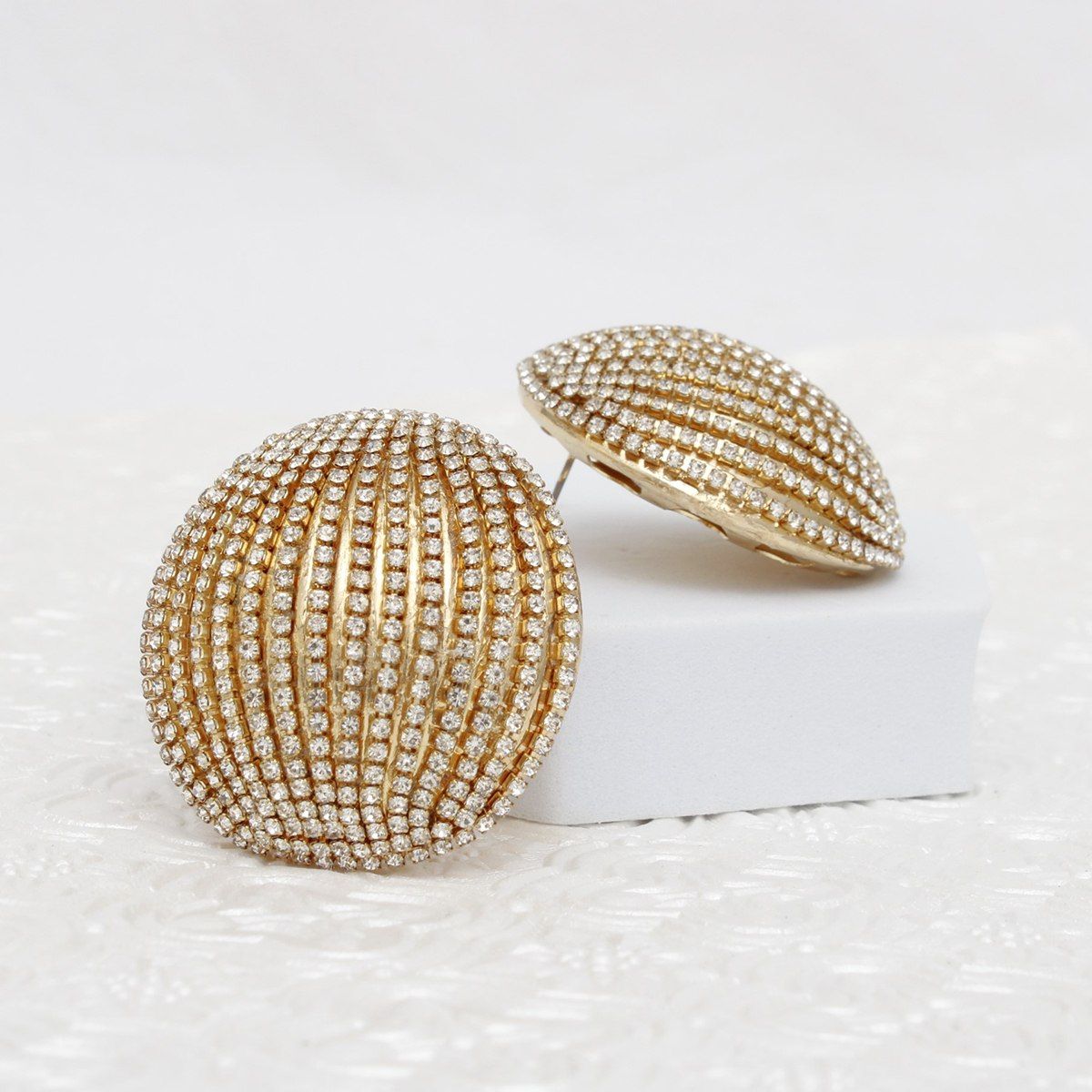 Polished Gold Domed Stud Earrings with Striped Shimmer – Stylish Statement Jewelry