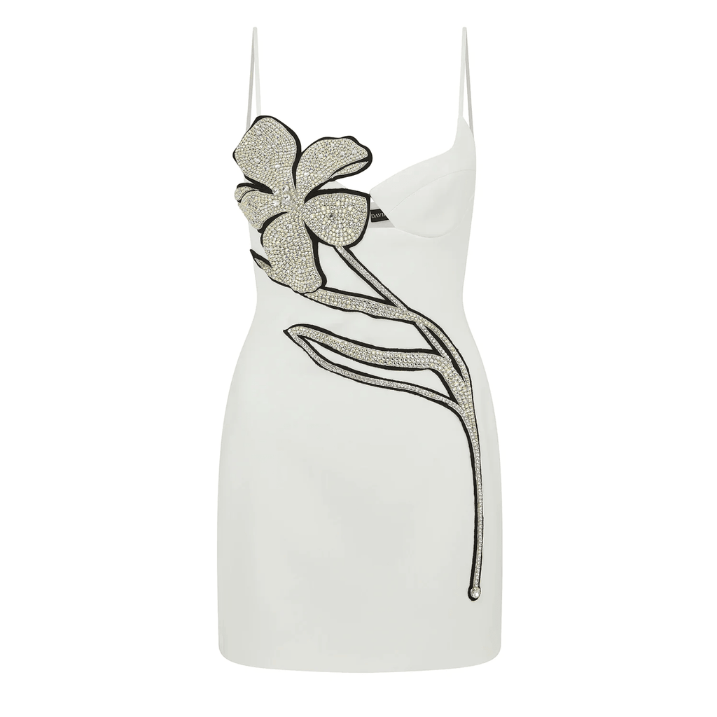 Jeonsa White Diamond Floral Party Mini Dress