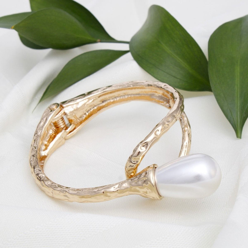 Statement Cuff Bracelet with Cream Pearl Teardrop and Gold Hinge, Stylish Jewelry Accessory
