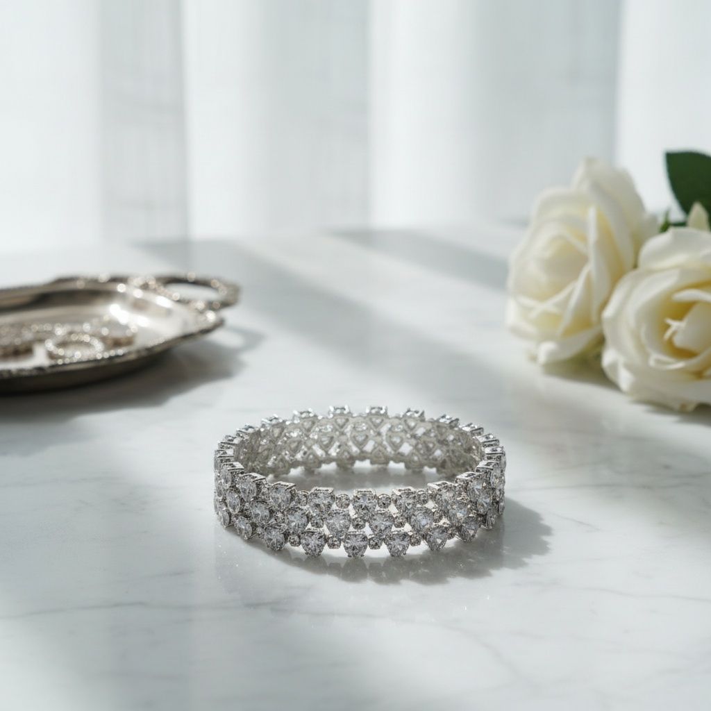 Silver Memory Wire Bracelet with Tennis Heart Crystal CZ – Stylish Statement Jewelry