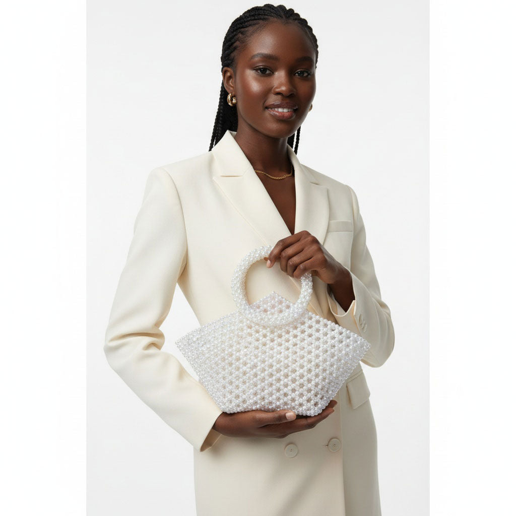Fashion Handbag Top Handle Trapeze White Pearl Woven Stylish Bag