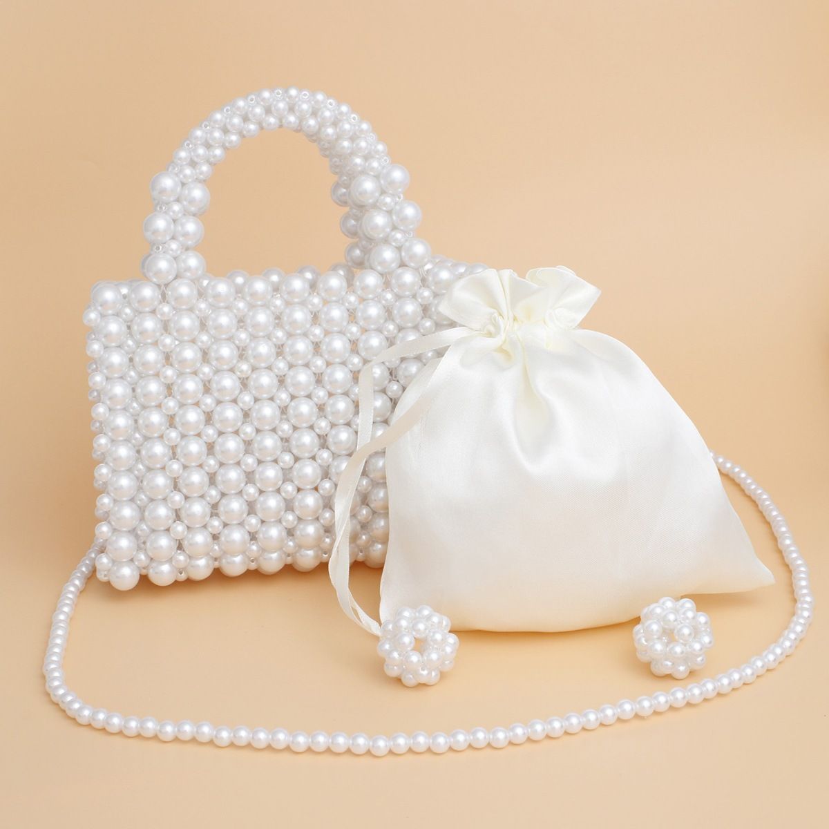 Fashion Handbag Top Handle Square White Pearl Woven Handmade Bag Stylish Chic