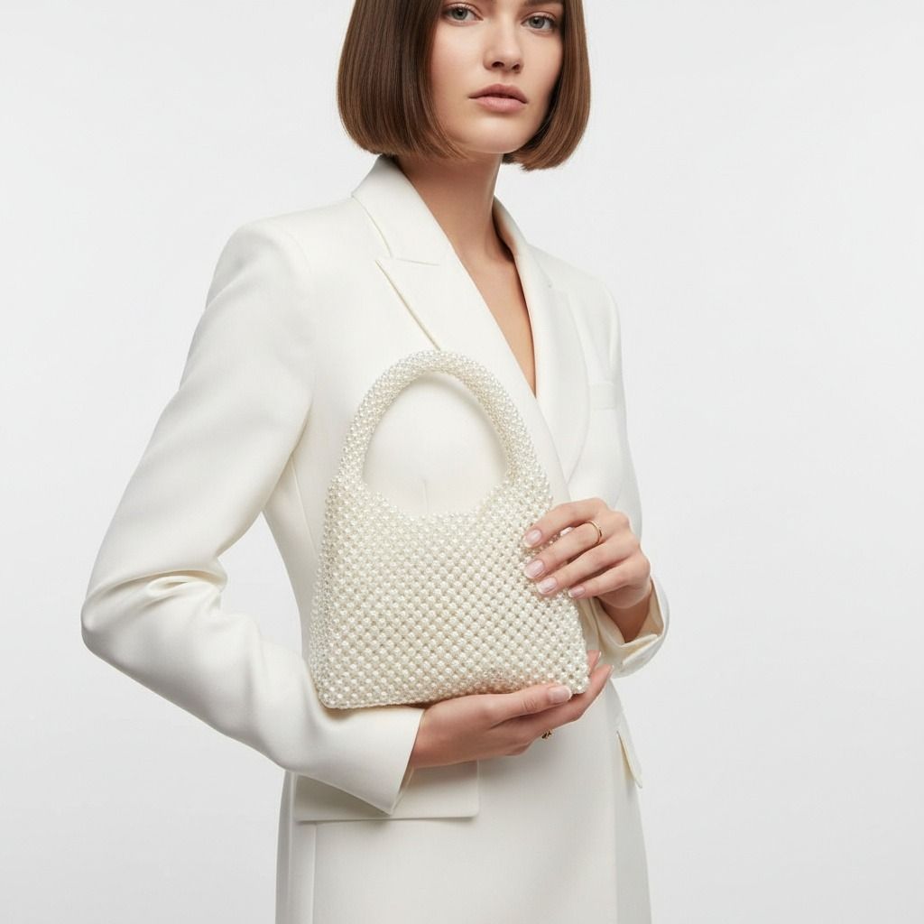 Fashion Handbag Top Handle Luxe Lady Cream Pearl Hollywood Chic