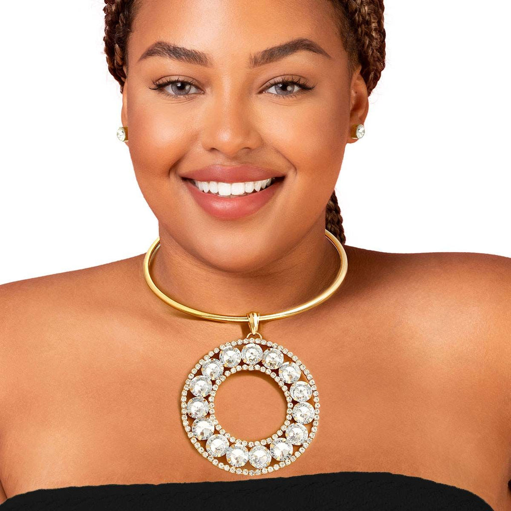 Statement Gold Halo Circle Necklace Rigid Design