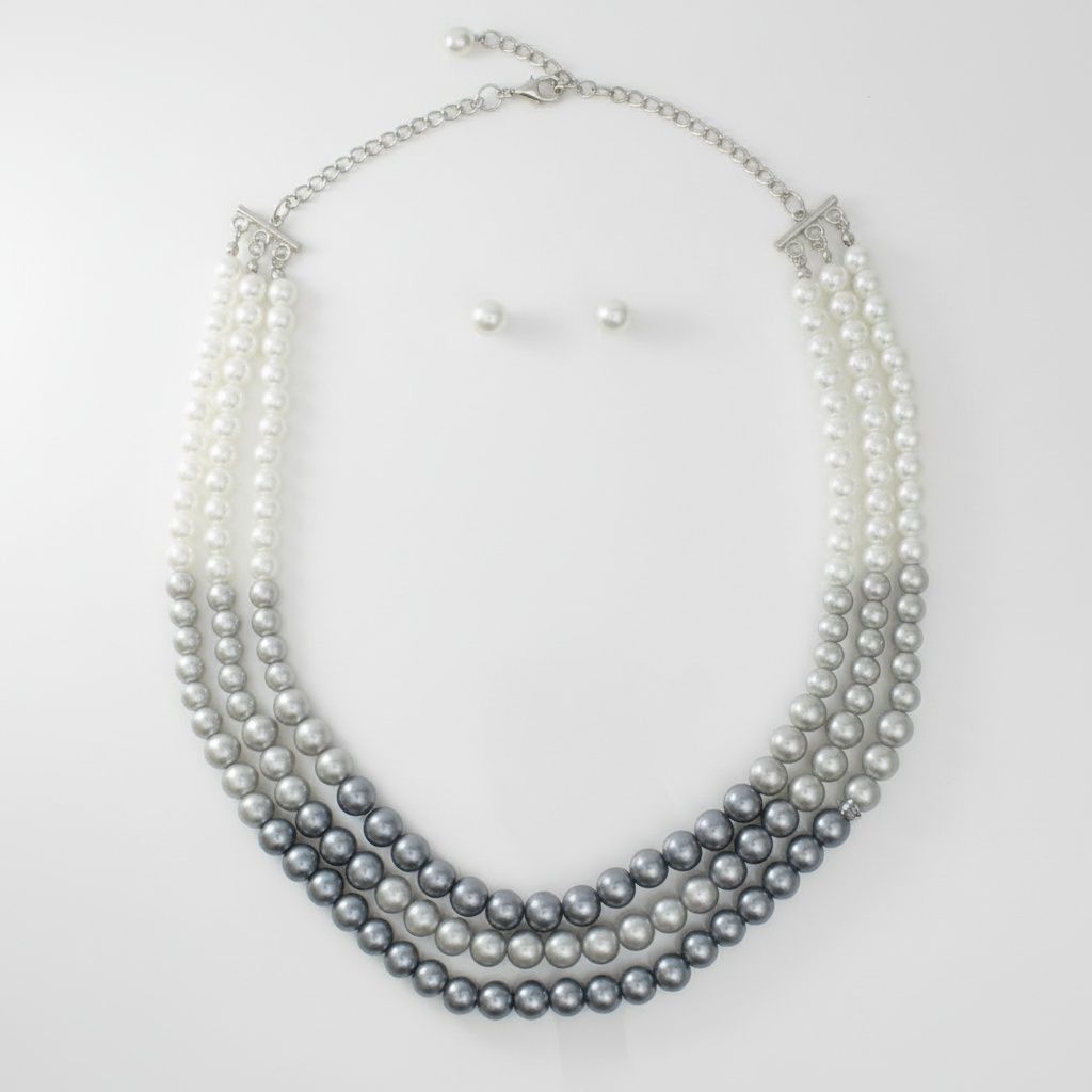 Statement 3 Strand Glass Pearl Necklace in Gray White Ombre, Stylish Layered Jewelry
