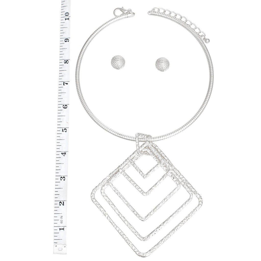 Statement Necklace Silver Concentric Diamond Dangle Pendant Stylish Chic Jewelry