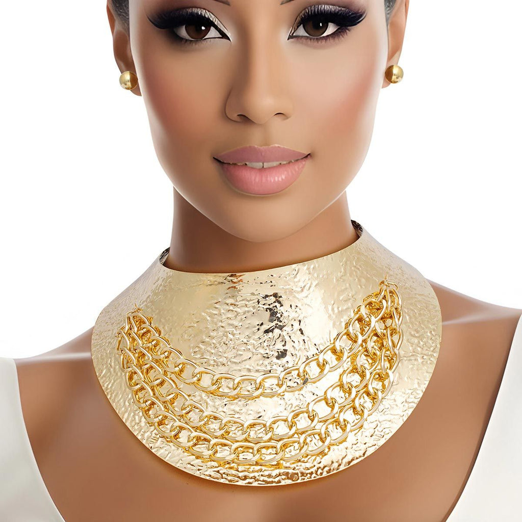 Choker Collar Set Rigid Textured Gold Metal Armor Statement Necklace
