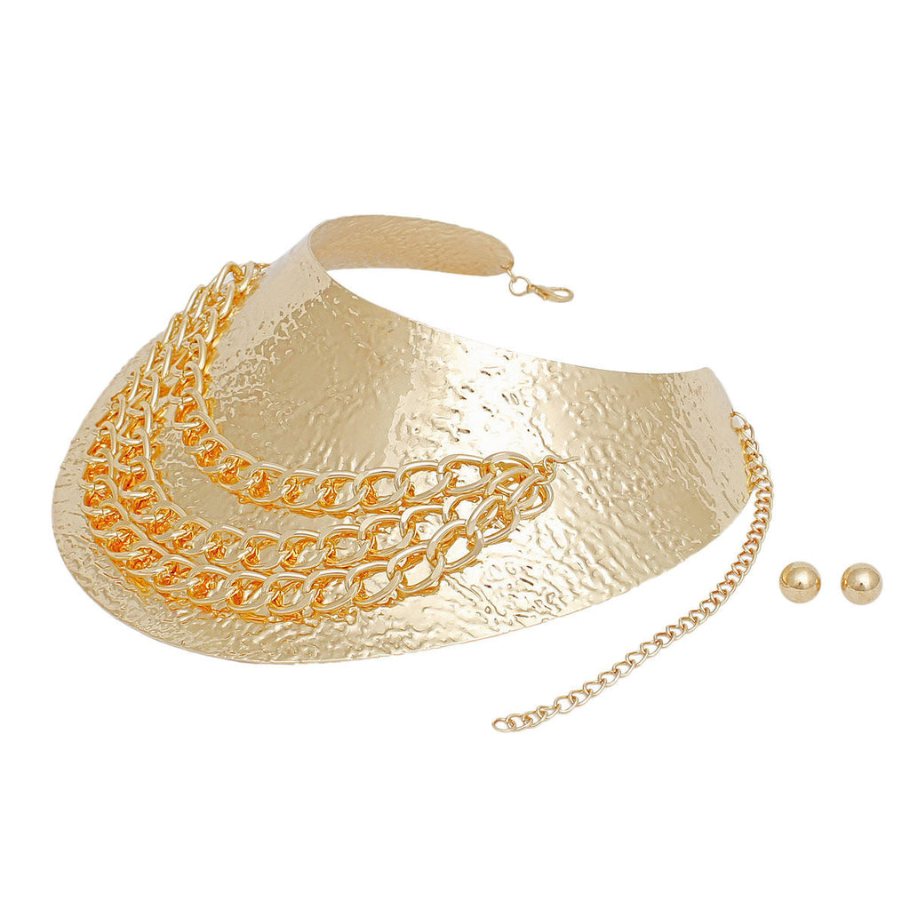 Choker Collar Set Rigid Textured Gold Metal Armor Statement Necklace