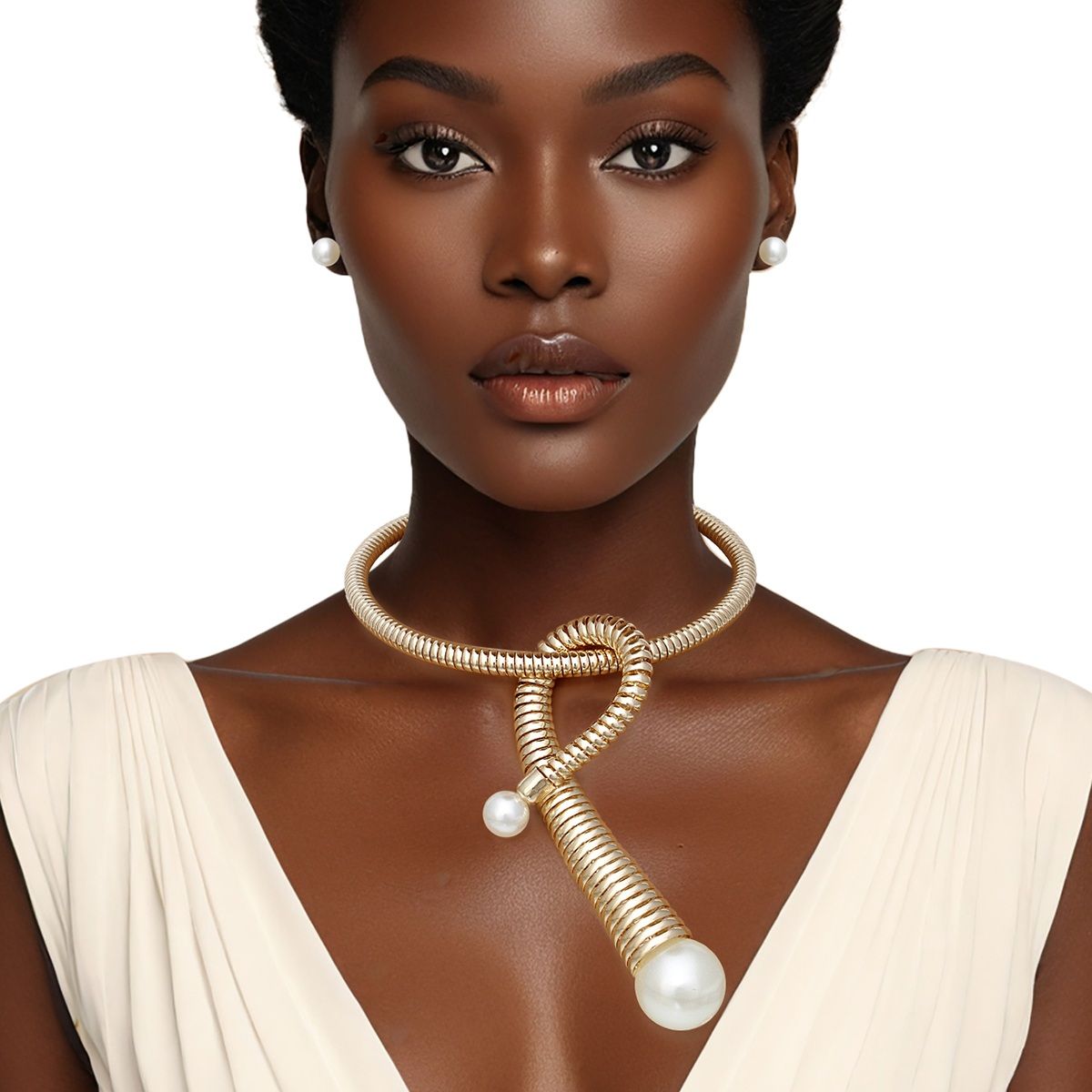 Statement Pendant Necklace Handmade Coiled Gold Pearl Loop Stylish Chic Jewelry