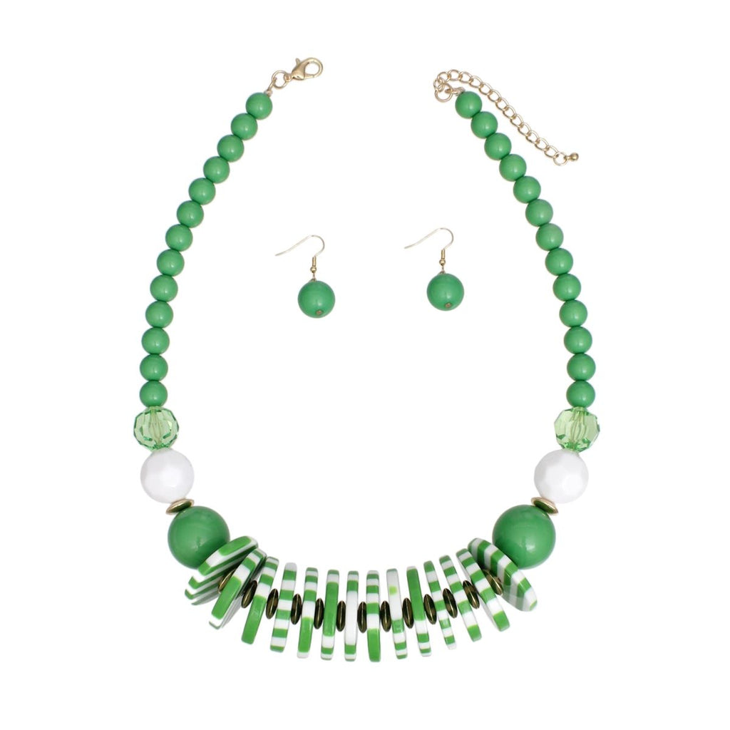 Statement Beaded Disc Necklace Set in Funky Green and White, Trendy Fashion Jewelry