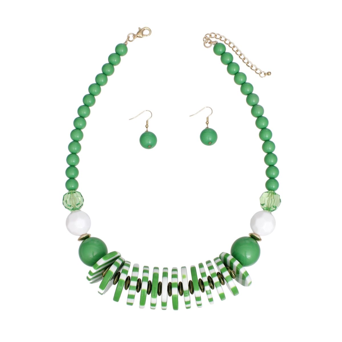 Statement Beaded Disc Necklace Set in Funky Green and White, Trendy Fashion Jewelry