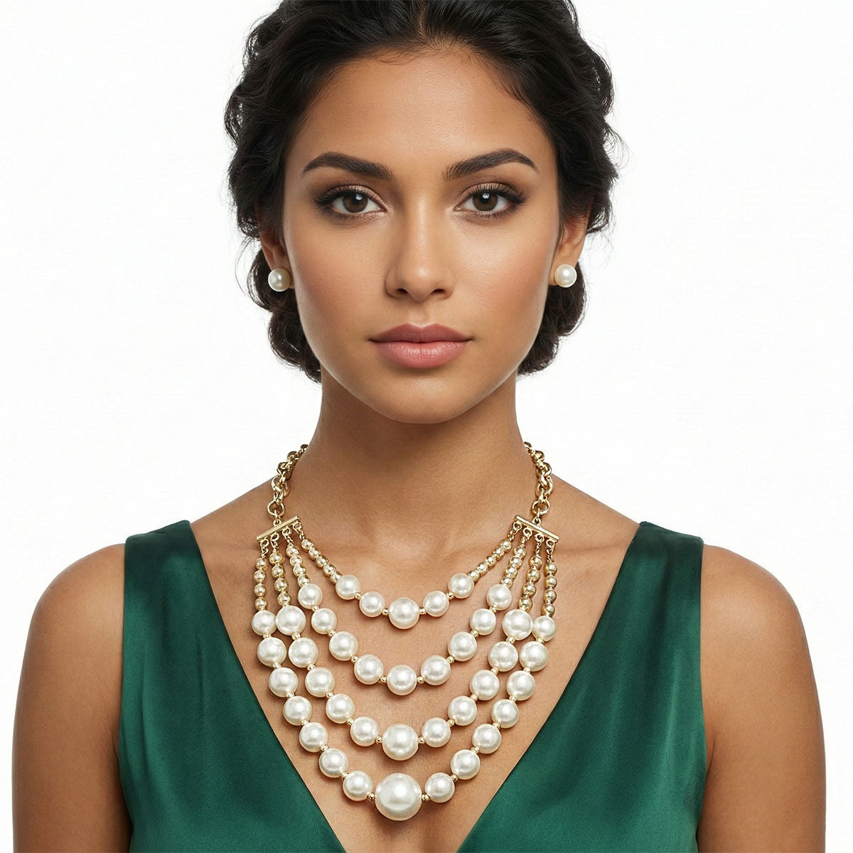 Statement Layered Bib Necklace with Cream Pearl and Gold Beads, Trendy and Elegant