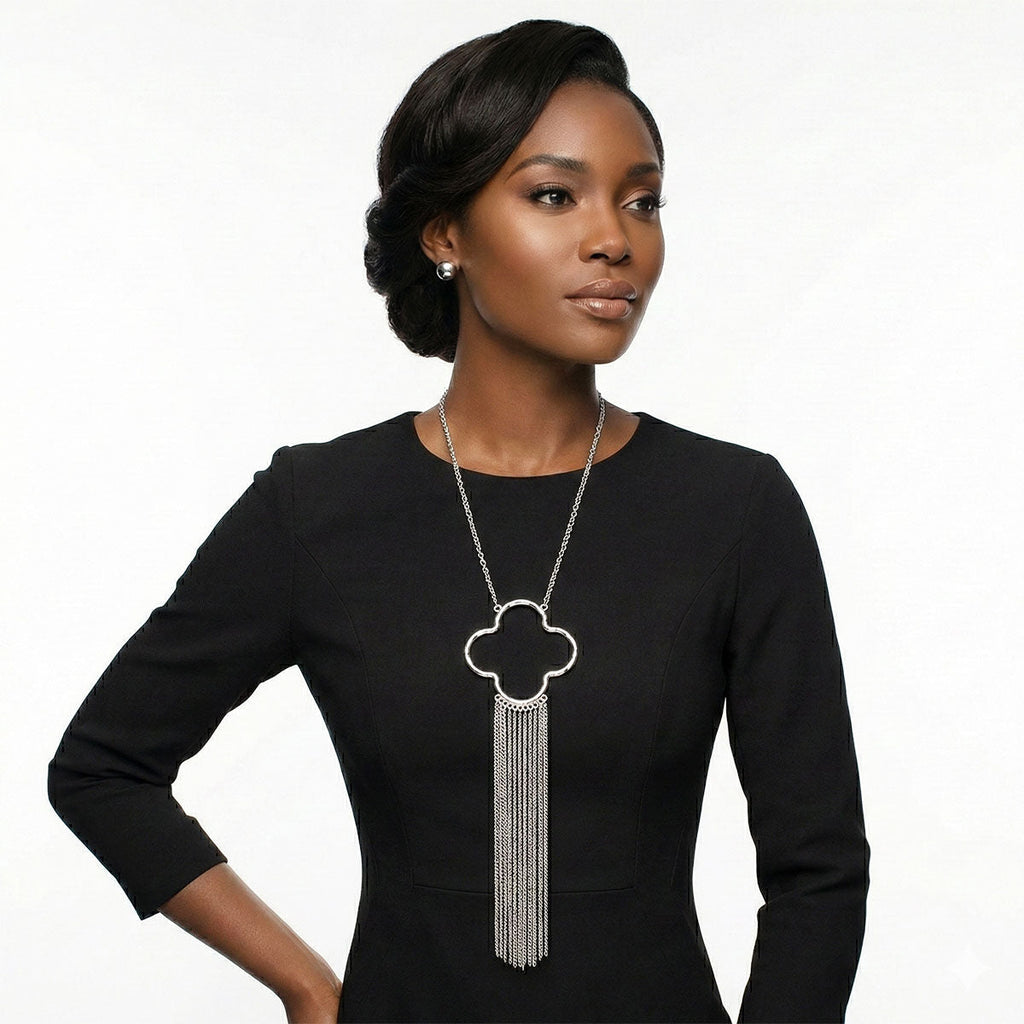 Silver Pendant Quatrefoil Fringe Statement Necklace Trending Chic Jewelry