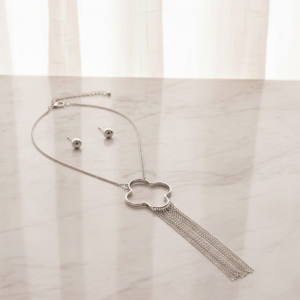 Silver Pendant Quatrefoil Fringe Statement Necklace Trending Chic Jewelry