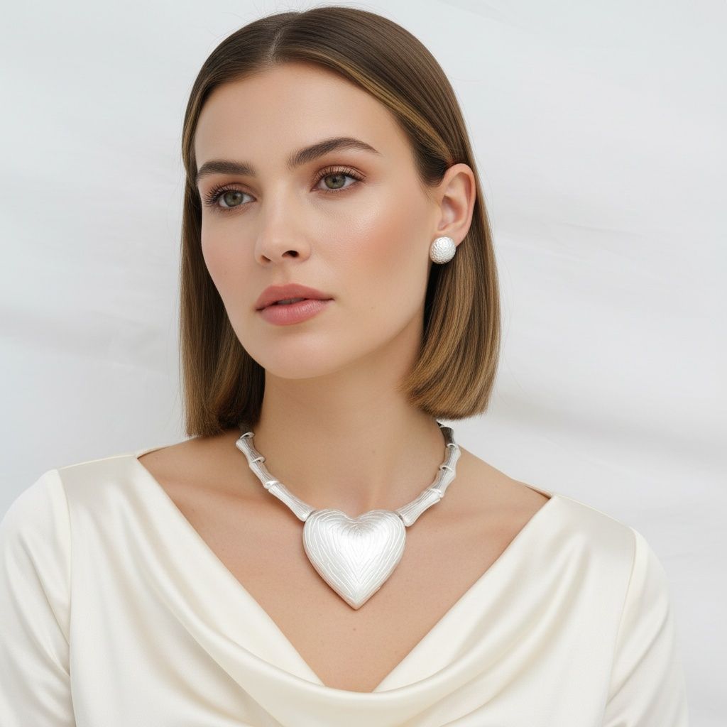 Modern Matte Silver Bamboo Heart Pendant Necklace Stylish Statement Jewelry