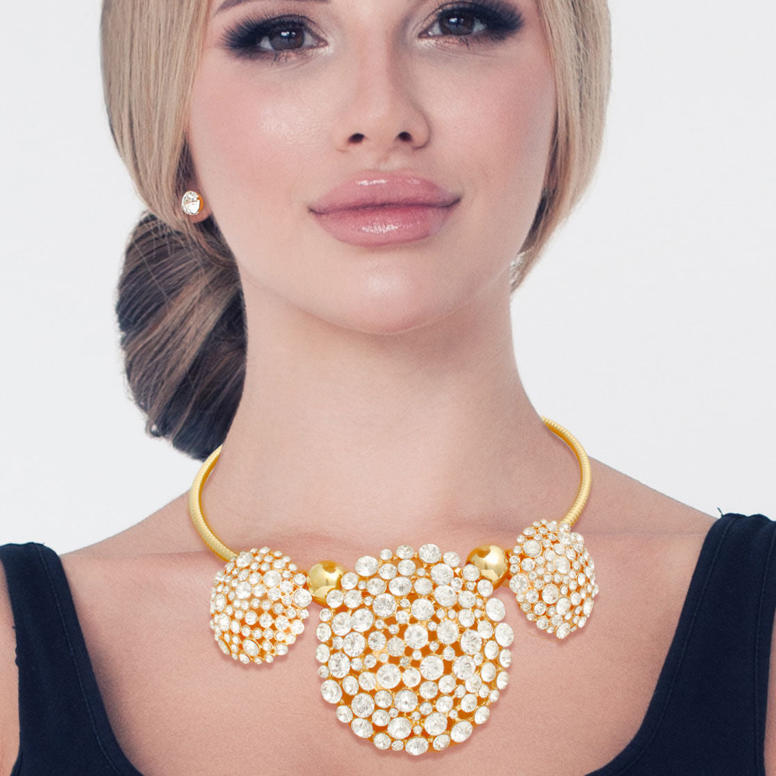 Statement Collar Necklace Gold Triple Rhinestone Dome Cluster Stylish Chic