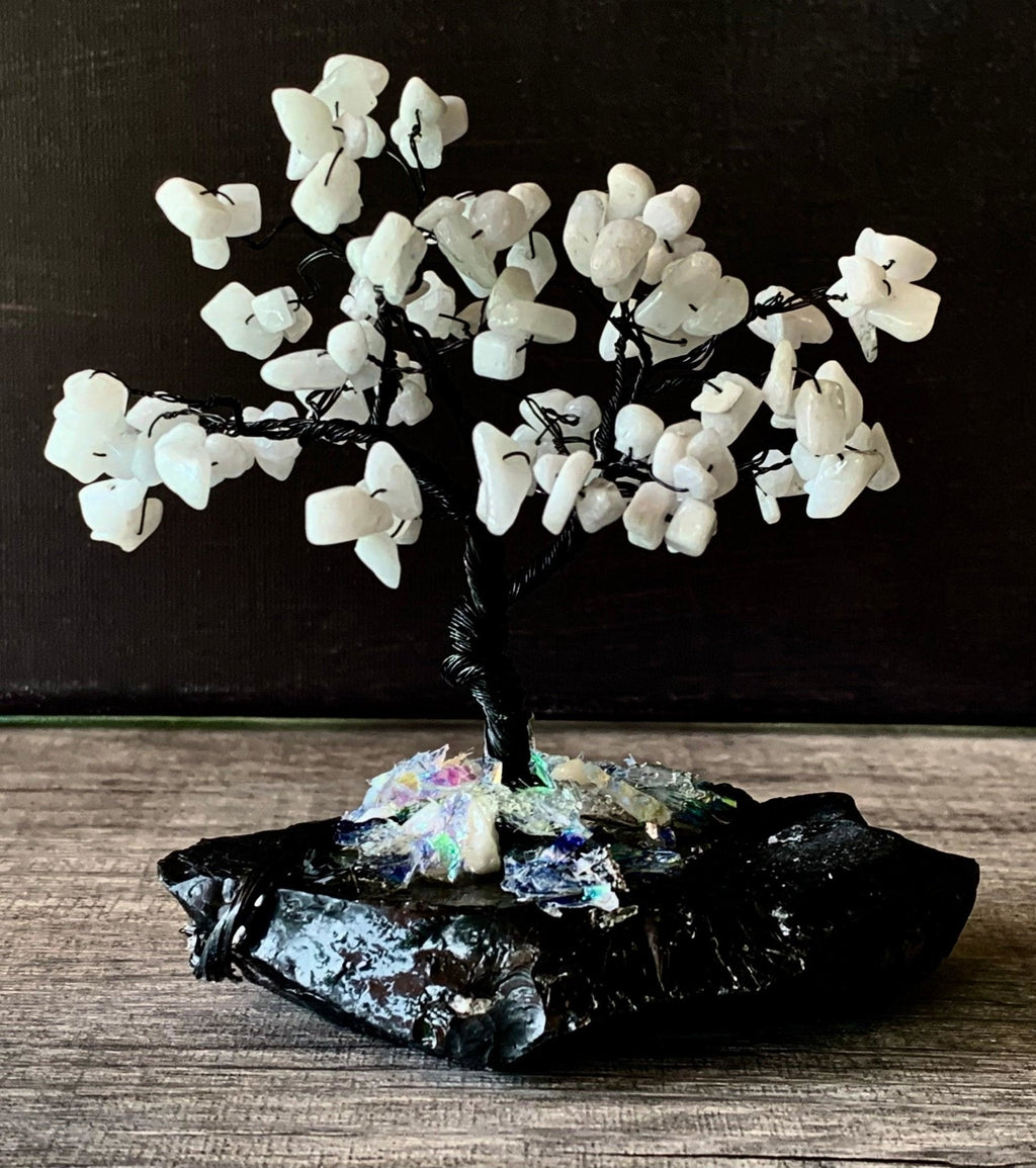 Joy- Handmade White Jade 5" Mini Gemstone Tree Sculpture Mounted on Raw Obsidian