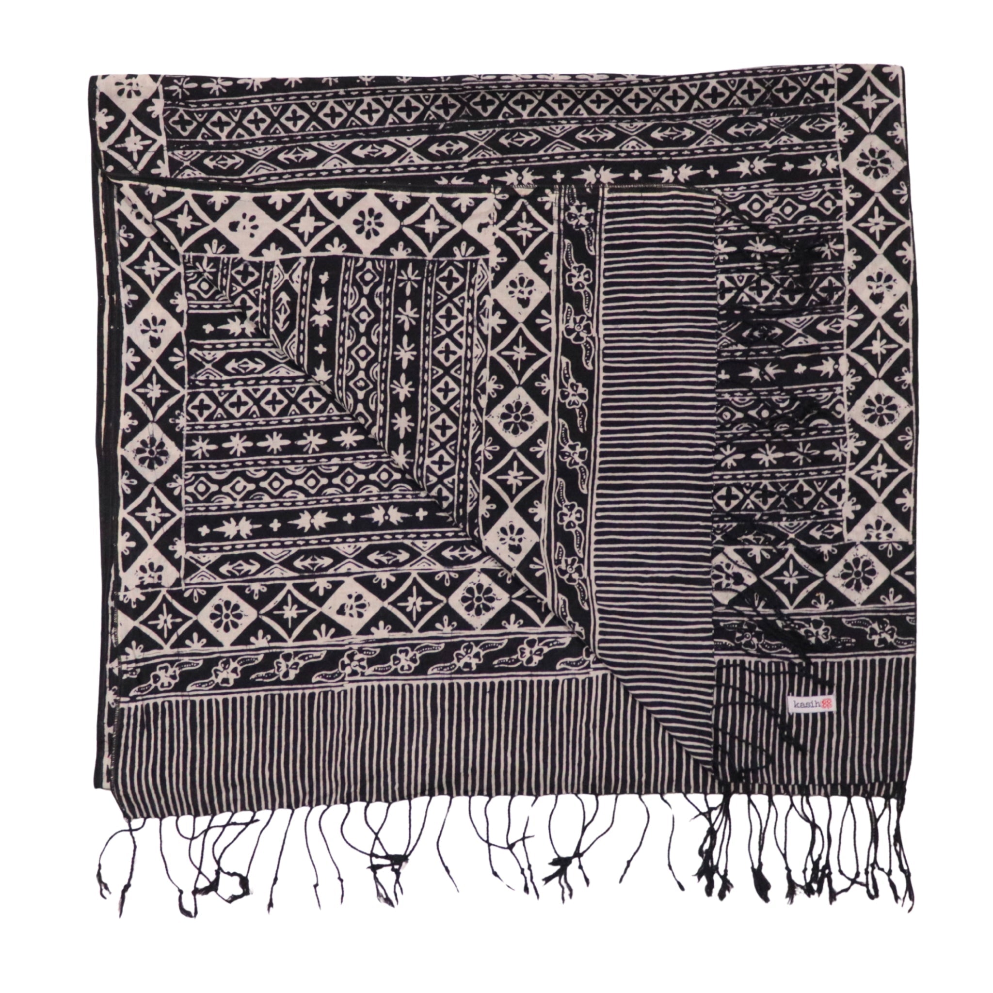 Hand Dyed Batik Scarf, 100% Cotton Fabric, Black White, Geometric