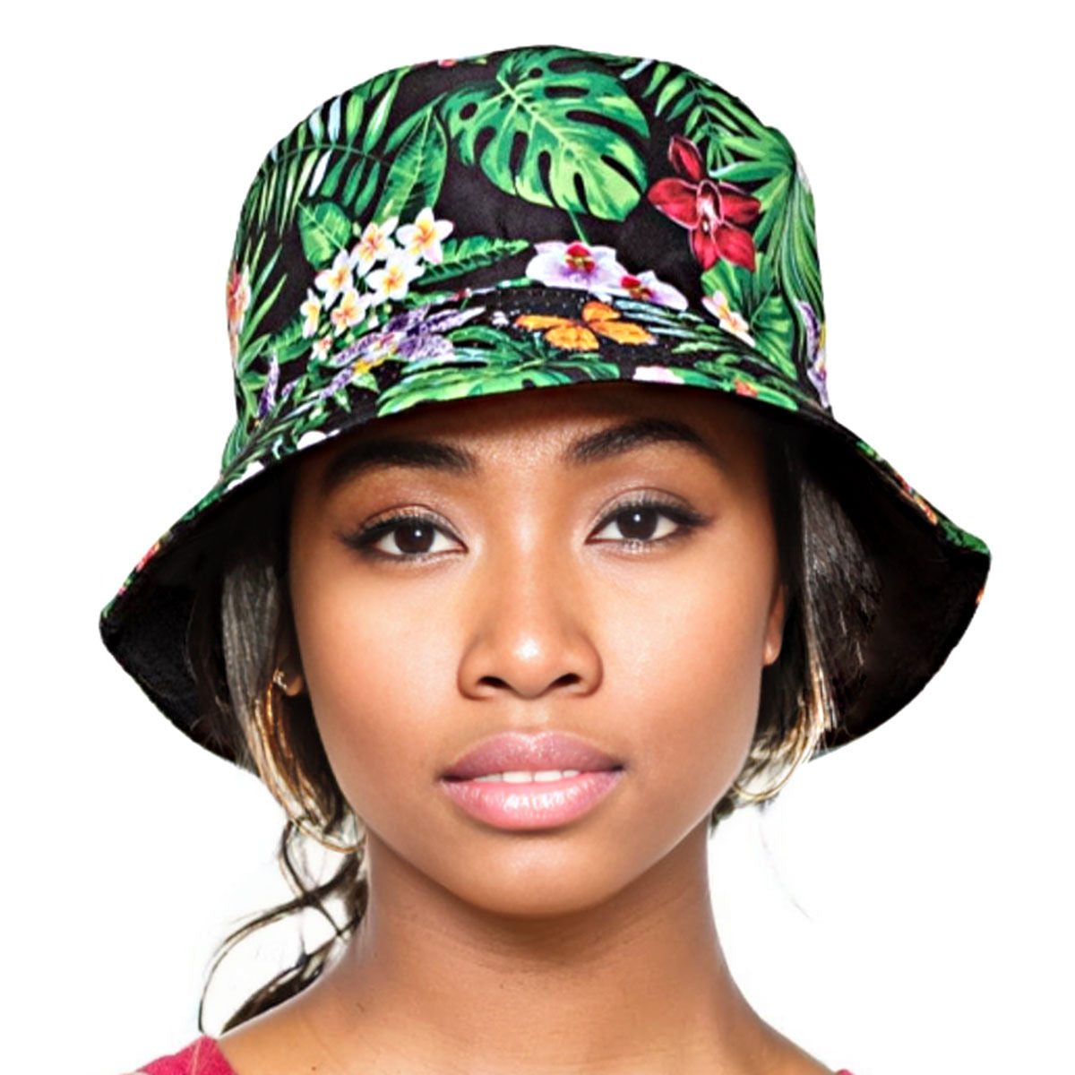 Reversible Bucket Hat Green Black Tropical Trendy Casual Accessory