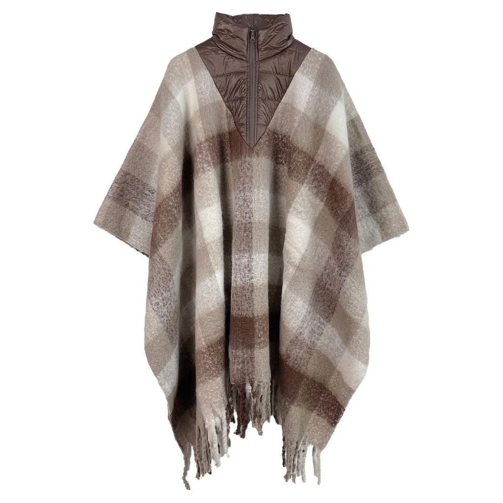 Women’s Brown Plaid Long Zip Fringe Poncho Stylish Casual Layered Outerwear