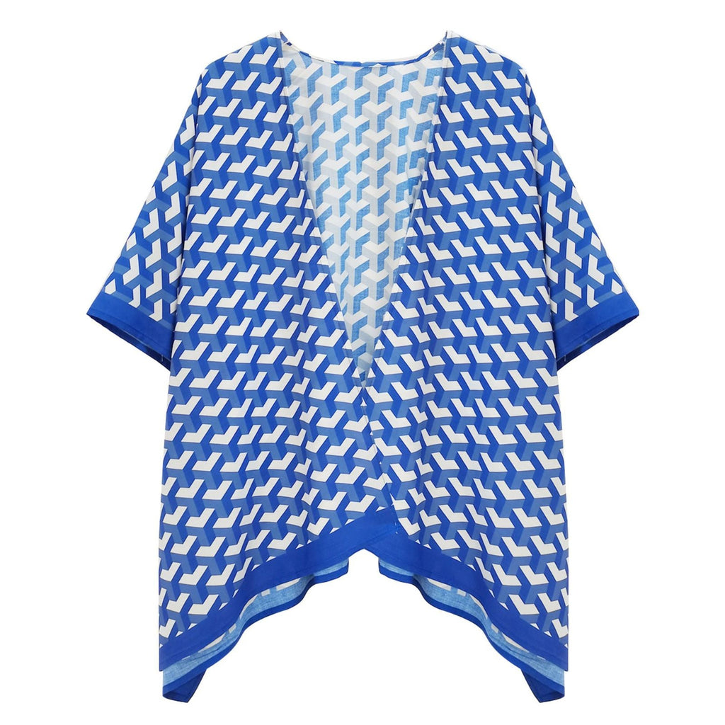 Women’s Kimono Blue White Block Print Sorority Stylish Casual Top