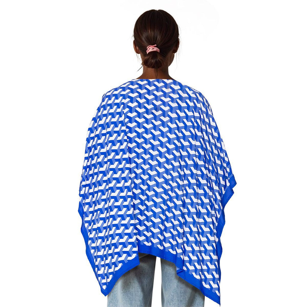 Women’s Kimono Blue White Block Print Sorority Stylish Casual Top