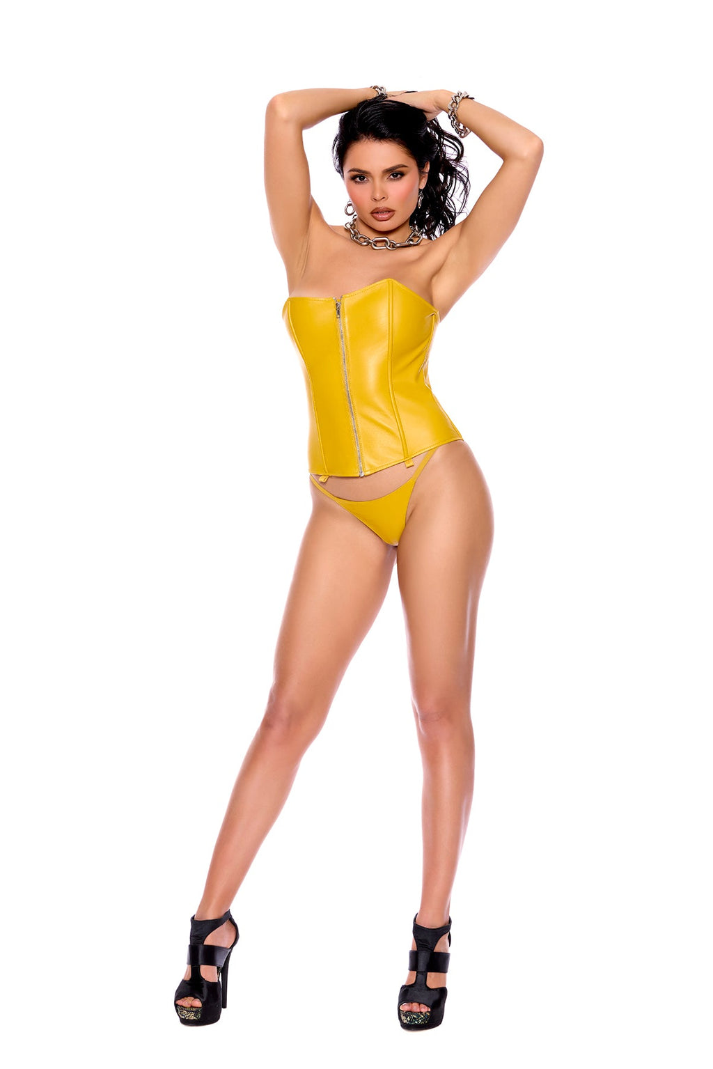 Leather Strapless Bustier With Zip Front Closure, Boning And Lace Up Back, Adjustable And Detachable Garters