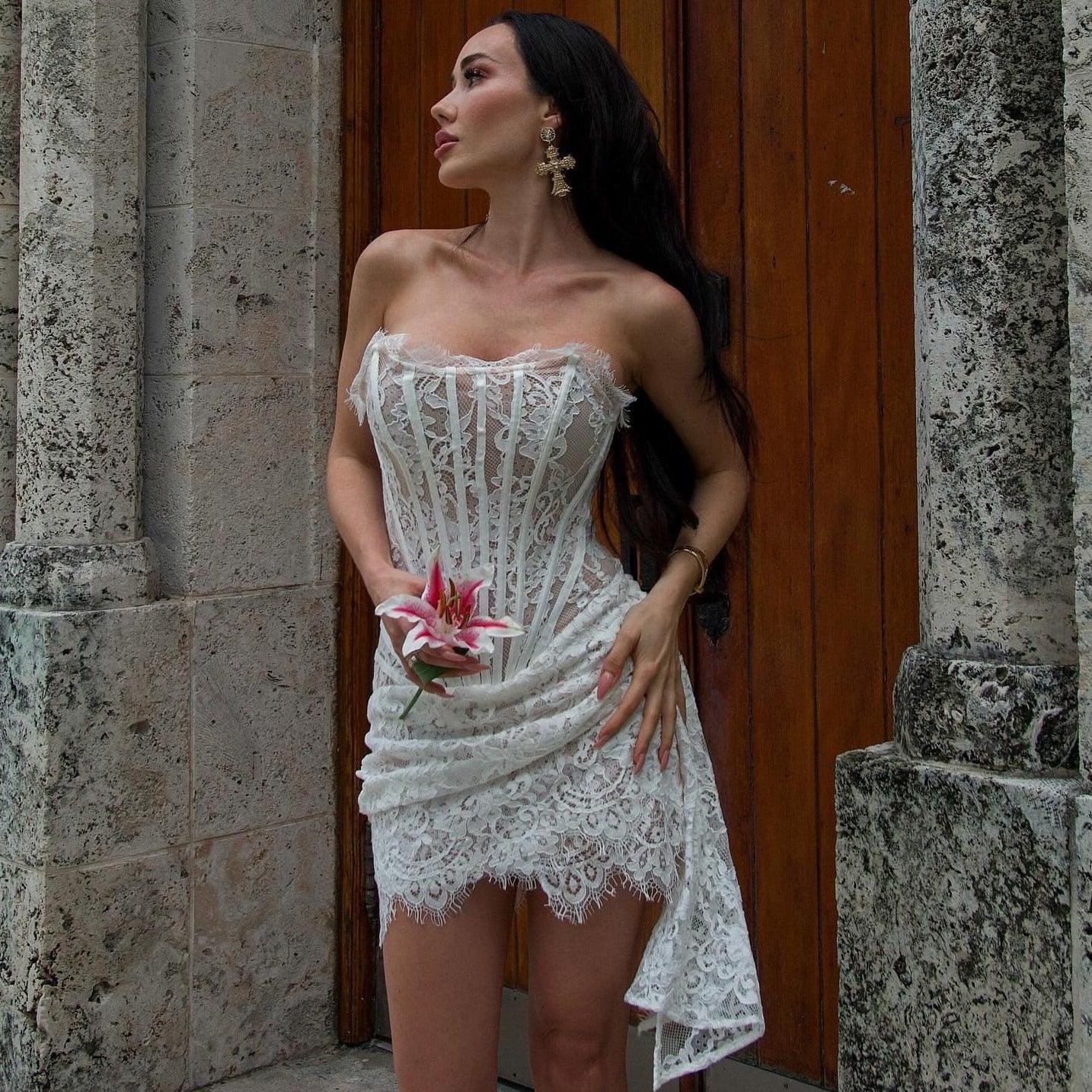Lace Lure Corset Draped White Mini Dress