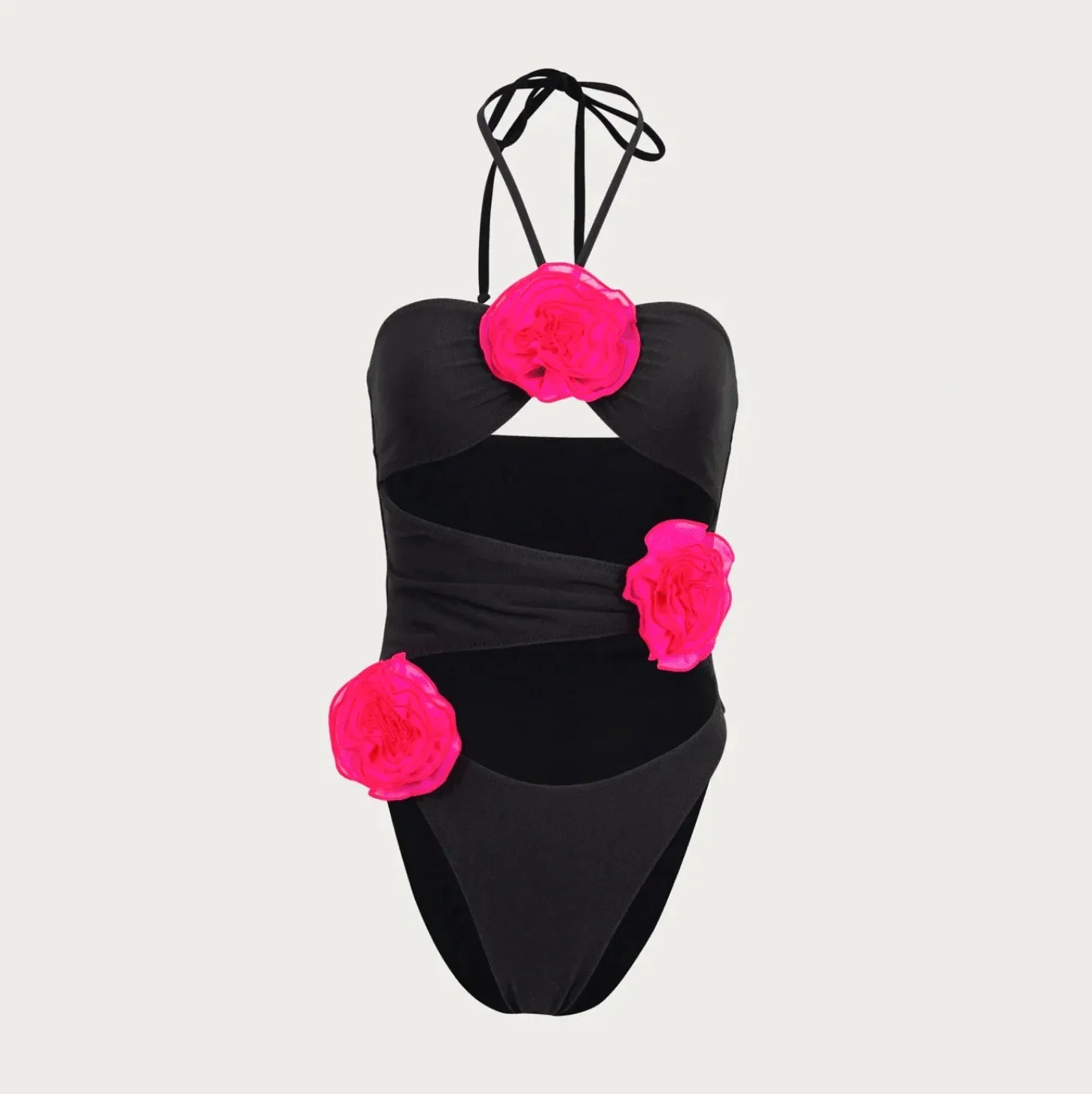 Laguna Black & Hot Pink Rose One-Piece Swimsuit