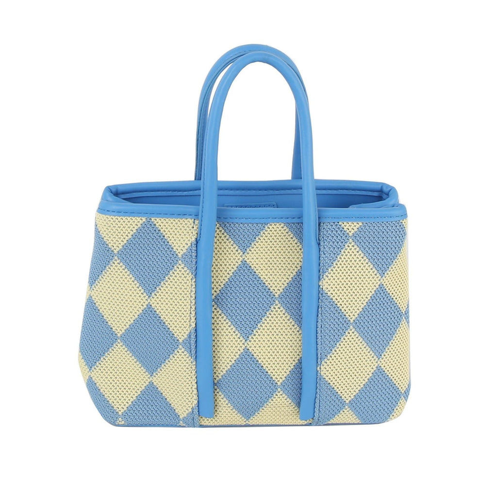 Fashion Handbag Top Handle Blue Harlequin Detail Square Stylish Statement Bag