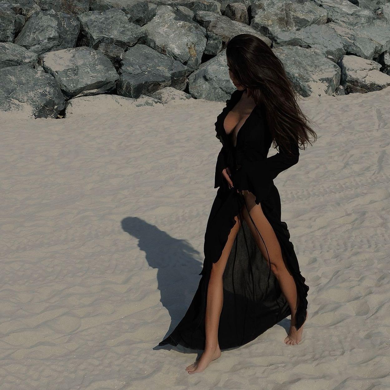 Liliana Ruffle Long Sleeve Beach Black Maxi Dress
