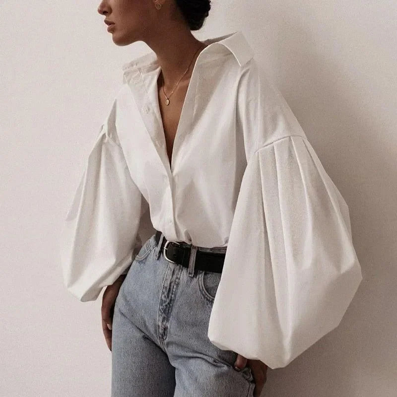 Linda White Lantern Sleeve Casual Shirt