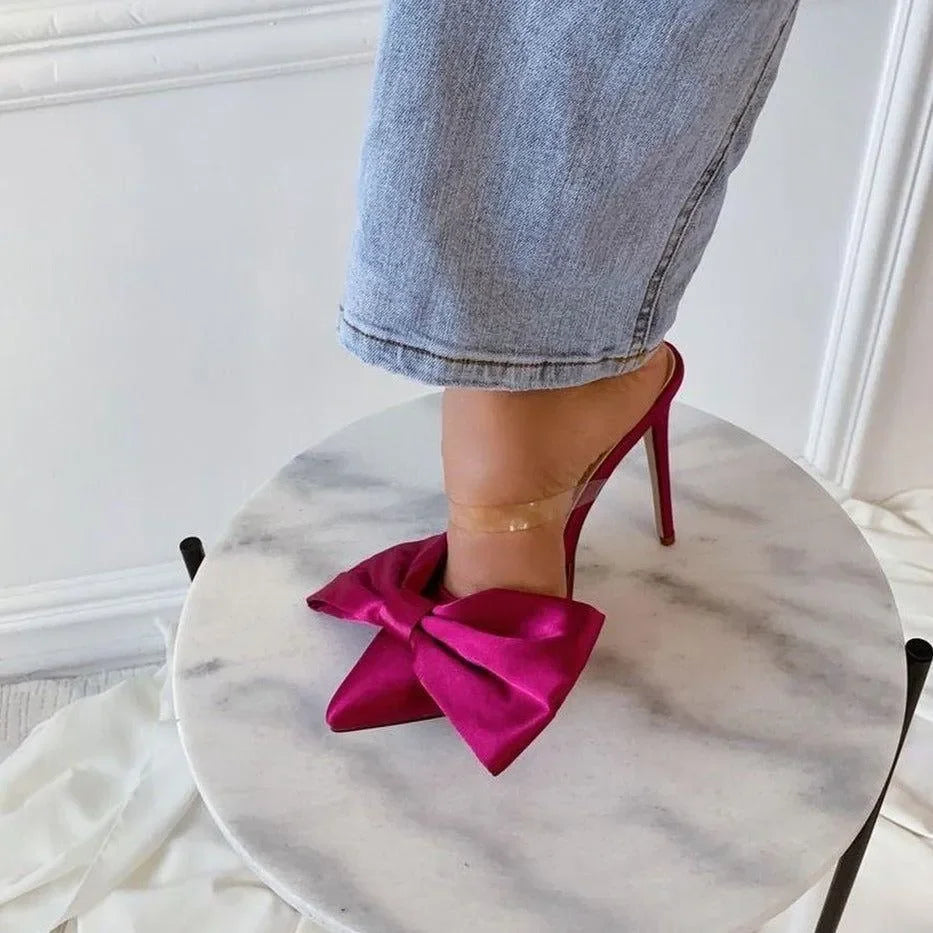 Longshot Hot Pink Satin Stiletto Heels with  Big Bow