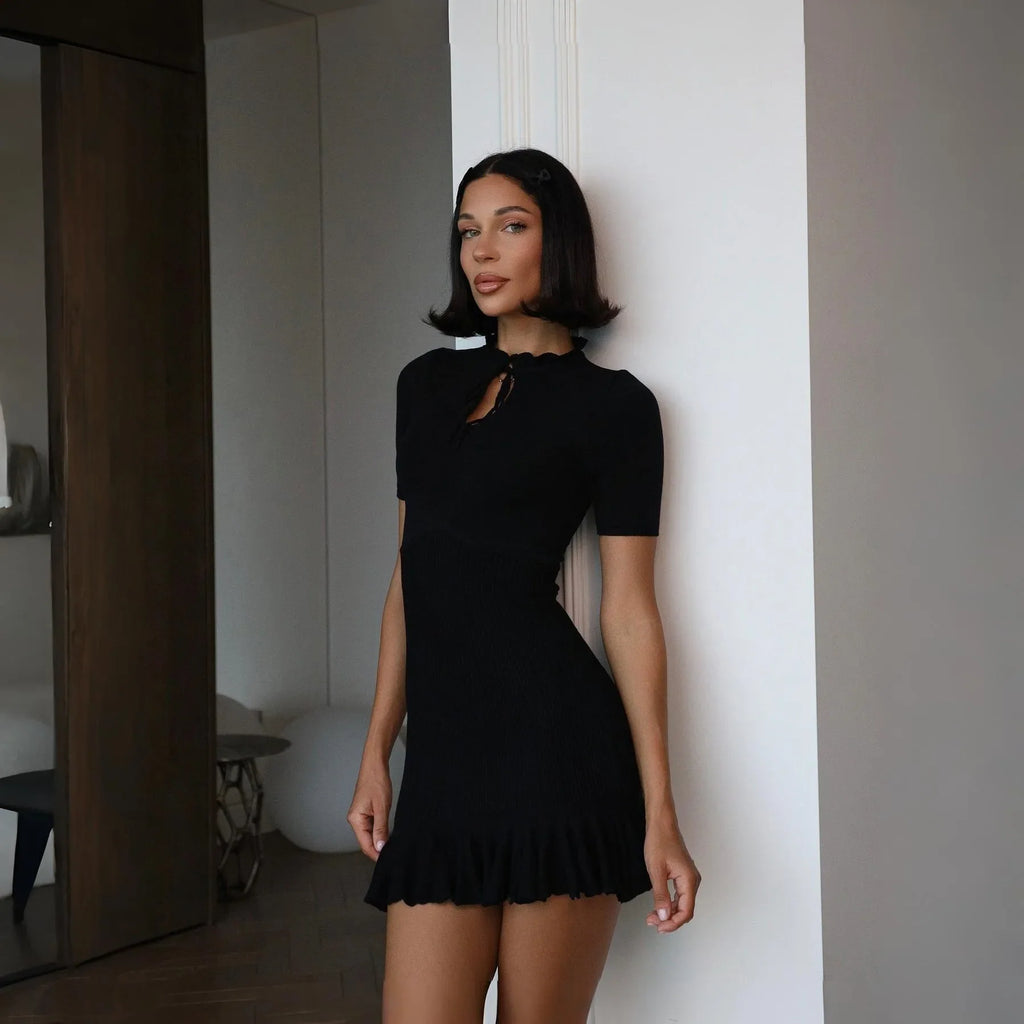 Lucia Black Ruffled Knit Mini Dress