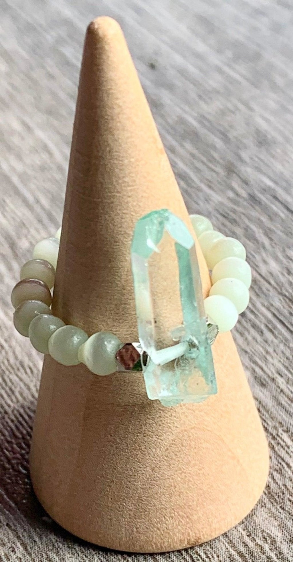 Lucille Handmade Light Green Quartz and Cats Eye Expandable Ring
