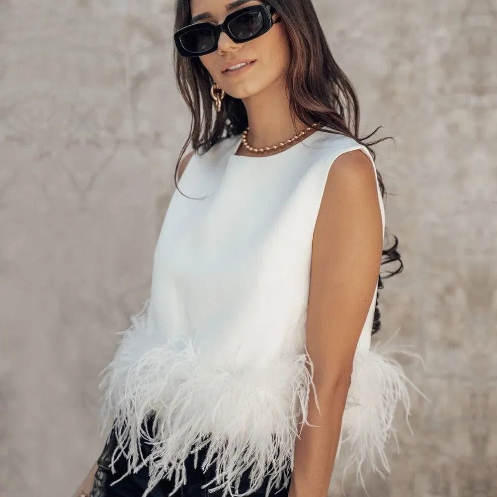 Maisy White Feather Trim Top