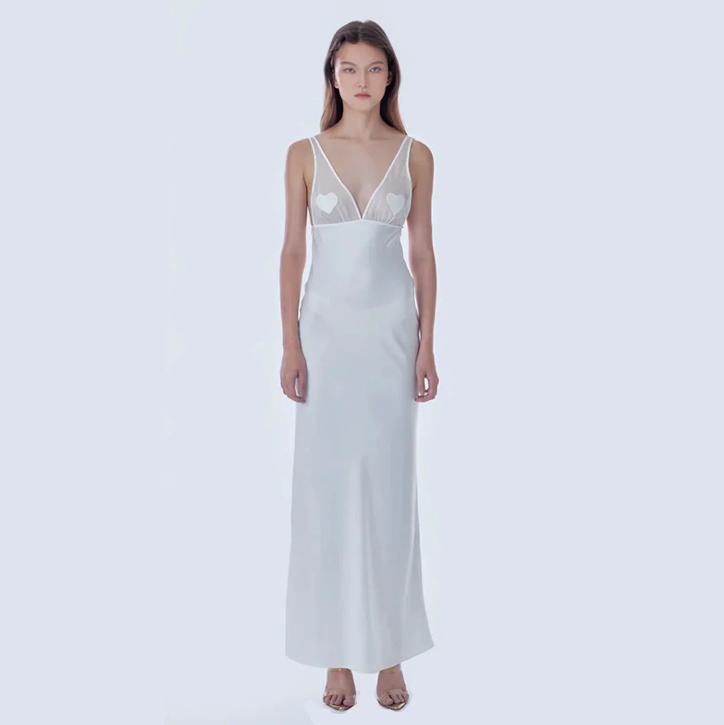 Malika White Satin Mesh Maxi Dress