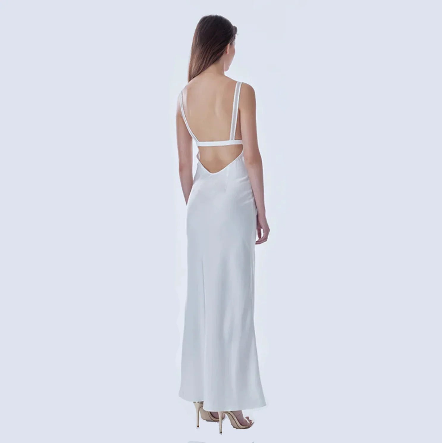 Malika White Satin Mesh Maxi Dress