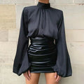 Mare Turtleneck Puff Sleeve Satin Black Blouse
