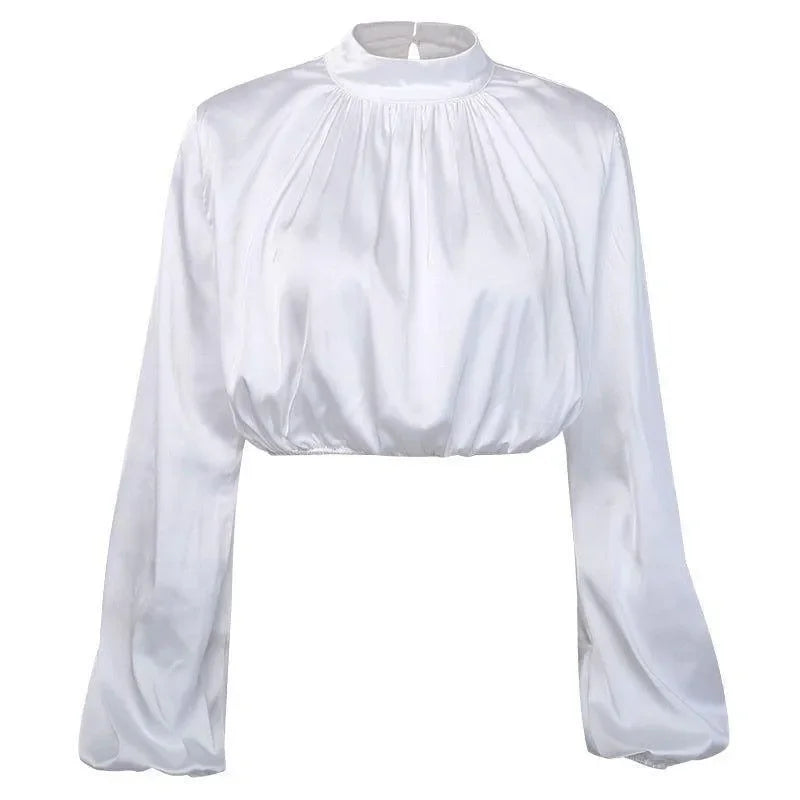 Mare Turtleneck Puff Sleeve Satin White Blouse
