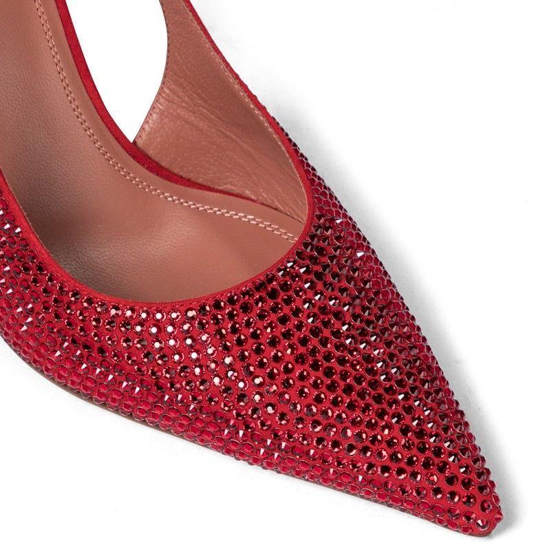 High Shine Red Crystal Lace Up Heels