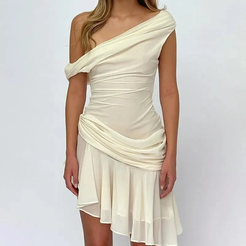 Midnight Affair Off-Shoulder Draped Ivory Mini Dress