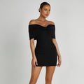 Mona Off Shoulder Bow Black Mini Dress