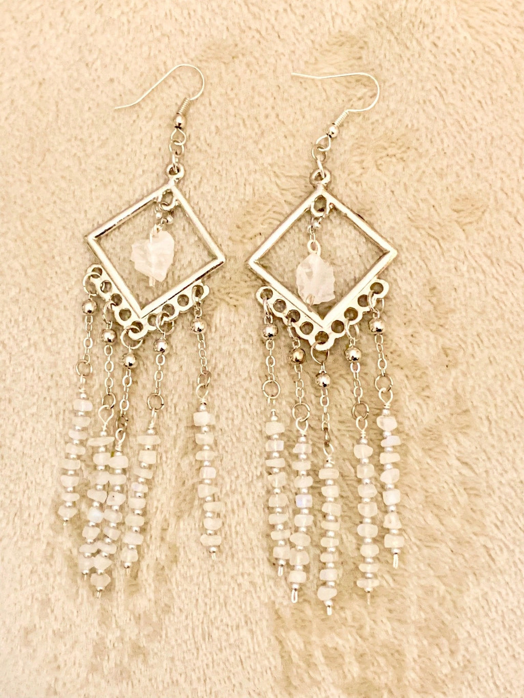 Moonbeam- Handmade Genuine Rough Cut Moonstone and Clear Quartz Dangling Earrings
